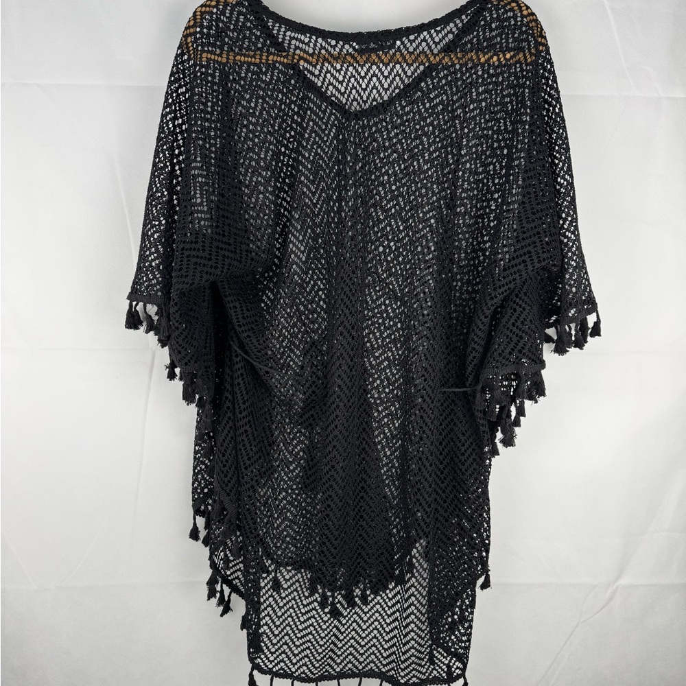 Nali Collection Bohemian Crochet Tasseled Kaftan style Beach cover up Black OS